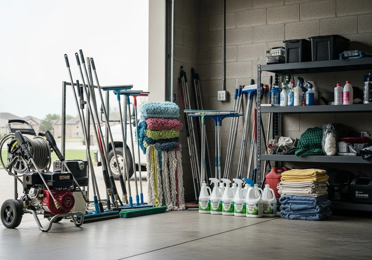Professional cleaning crew with equipment and supplies ready for residential or commercial service.