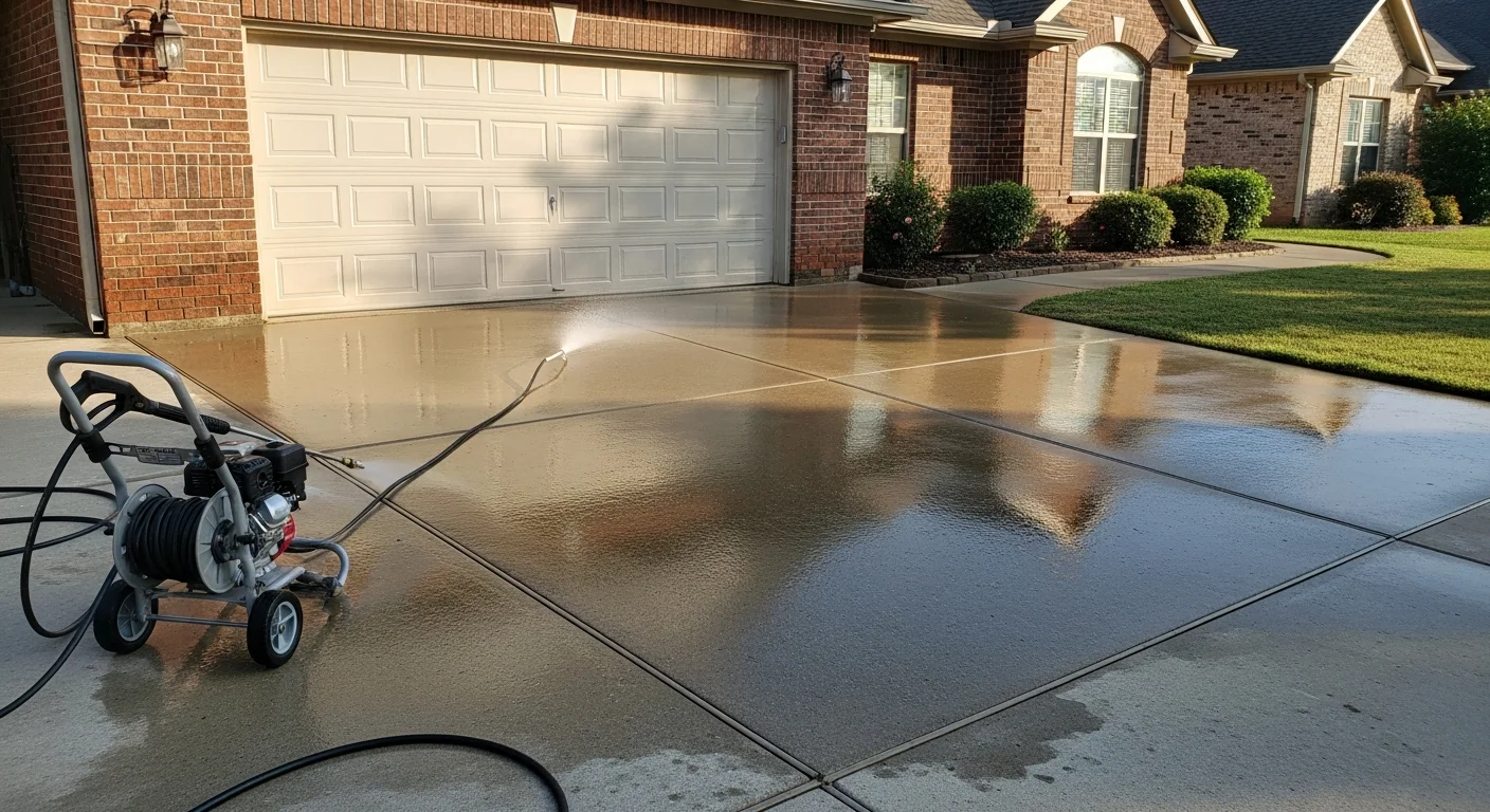Professional power washing a residential driveway
