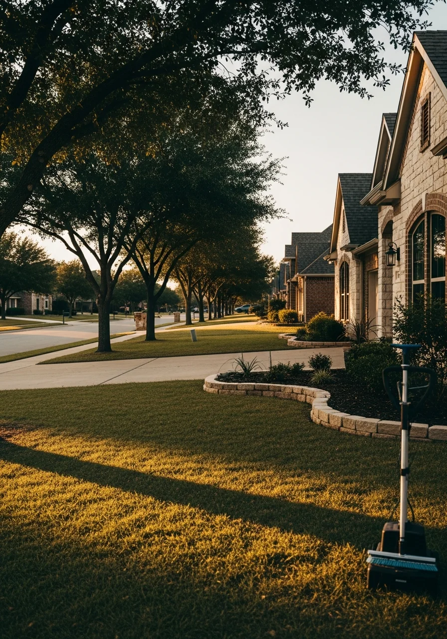 Broken Arrow residential street lined with newer homes and established trees in a quiet neighborhood.