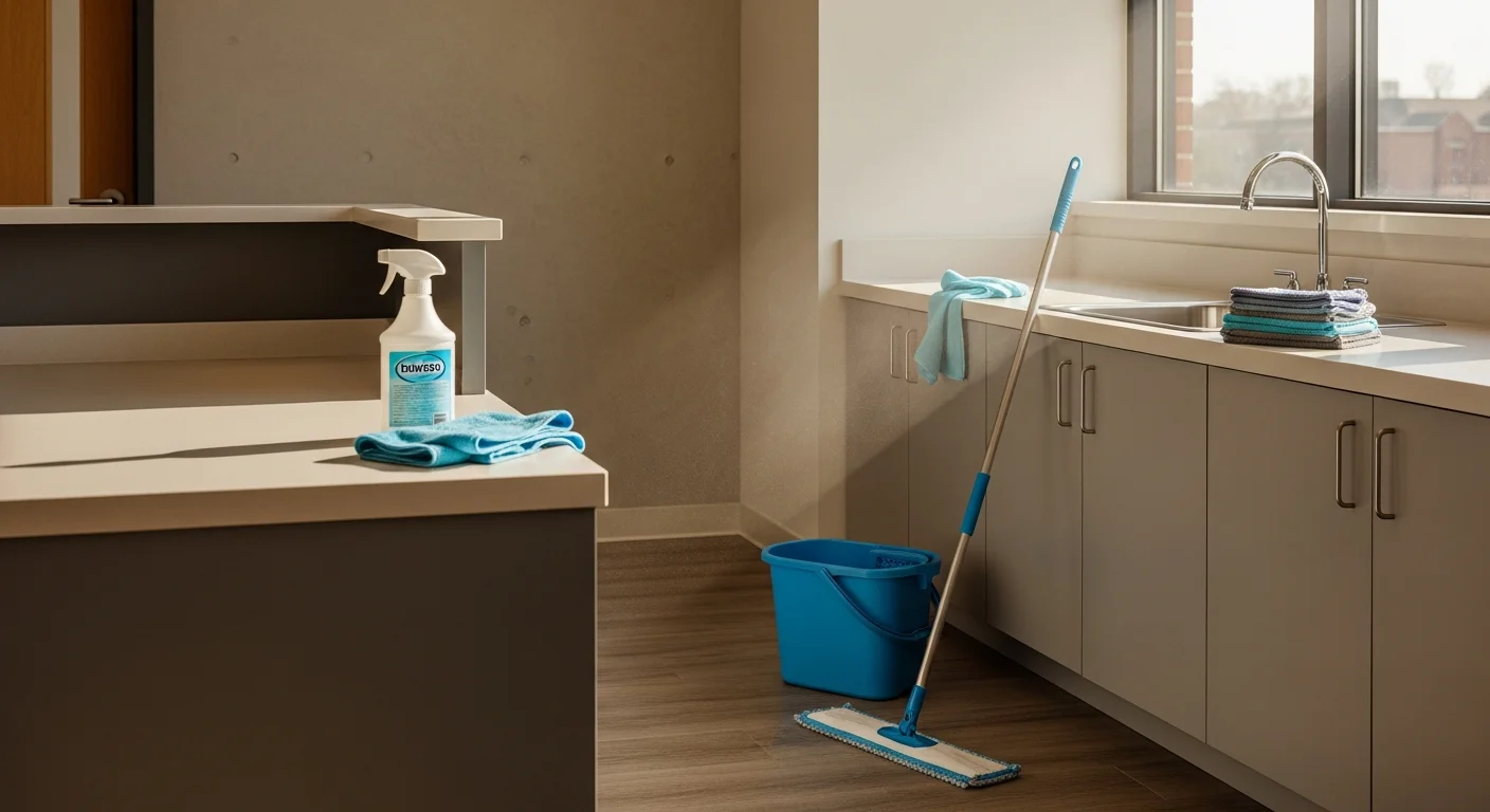 A clean, well-lit commercial office in Tulsa with sanitized desks, vacuumed floors, and tidy common areas after a routine cleaning visit by Mint Home Clean.
