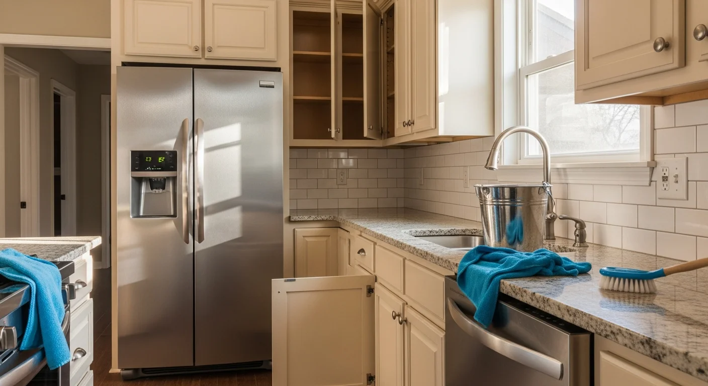 A professional cleaner scrubbing tile grout and fixtures in a Tulsa home bathroom during a deep cleaning service. Kitchen countertops and appliance surfaces in the background show a fully cleaned and reset interior.