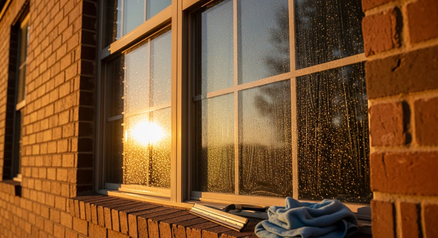 A Mint Home Clean technician cleaning the exterior windows of a single-story Tulsa home, removing red clay dust and pollen film from glass panes and window frames. The cleaned windows reflect clear sky against a residential Tulsa street.