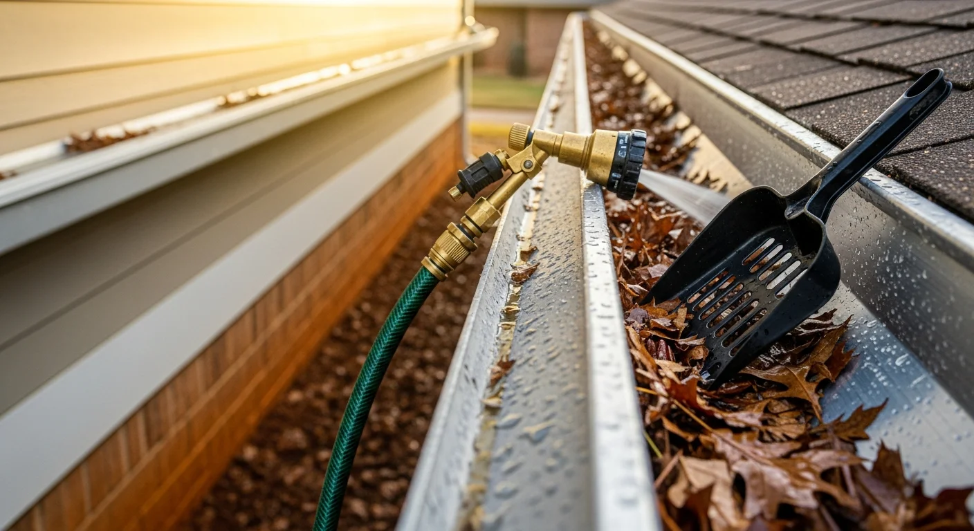 A Mint Home Clean technician removing packed leaf and debris buildup from residential gutters on a Tulsa home. Downspout cleared and gutter channel visible after cleaning.
