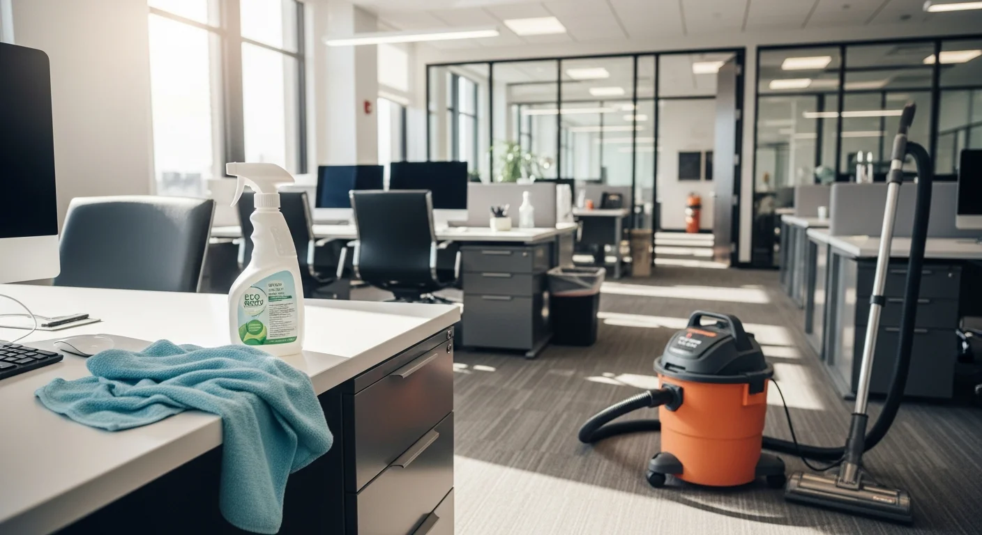 A clean, organized open-plan office in Tulsa with wiped-down desks, vacuumed floors, and empty waste bins after a professional office cleaning visit by Mint Home Clean. Bright overhead lighting shows dust-free surfaces and clear walkways throughout the workspace.