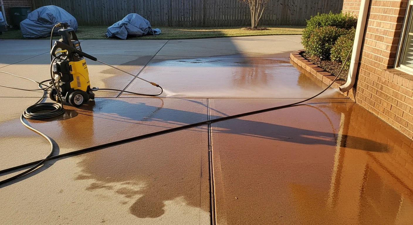 A Tulsa home driveway and front walkway after professional power washing, showing clean concrete free of red clay stains, algae, and road grime. The home's siding and brick facade appear freshly washed with no visible mold or discoloration.