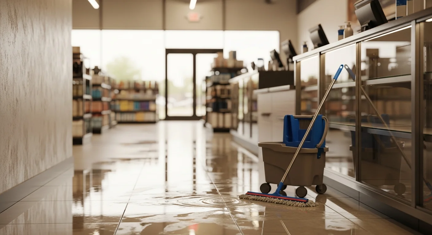 A clean retail store interior in Tulsa with polished hard floors, wiped display shelving, and an uncluttered checkout counter. The space is well-lit and ready for customer foot traffic.